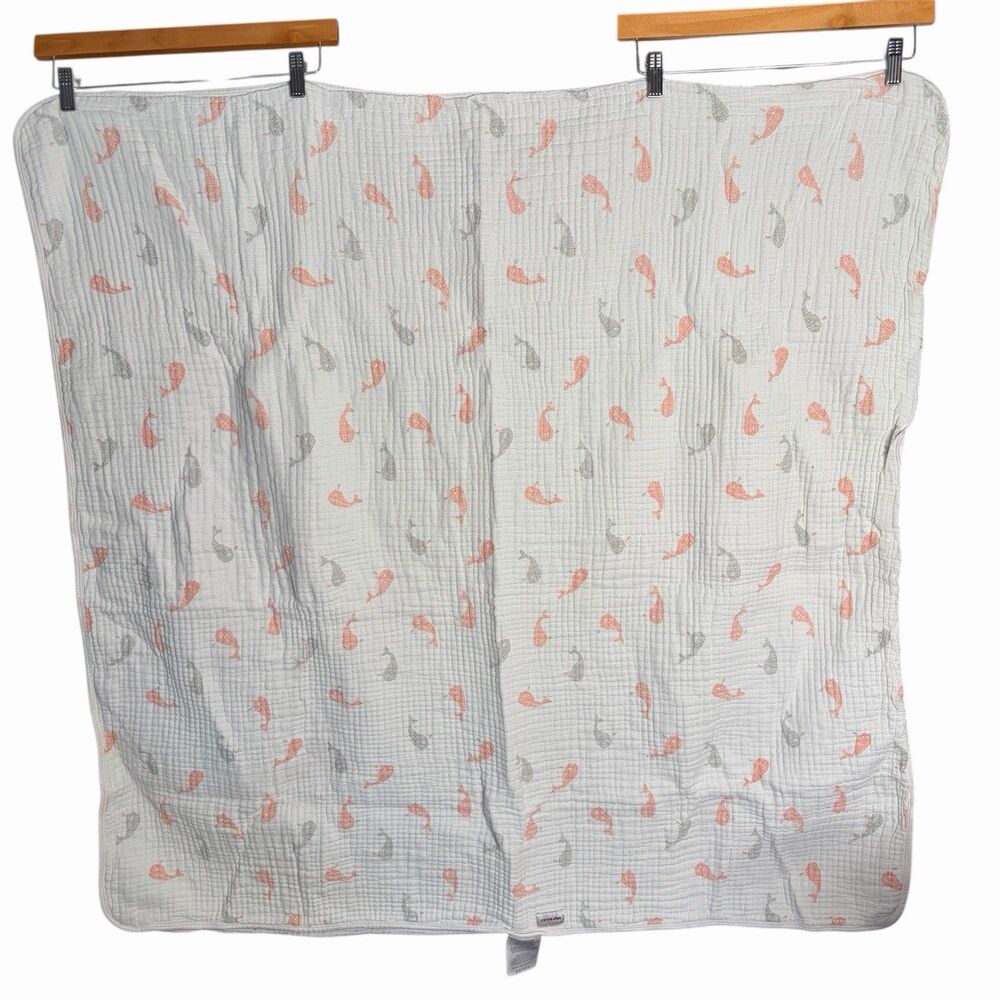 Bebe au Lait Baby Blanket Muslin White Pink Whales 43"x42"